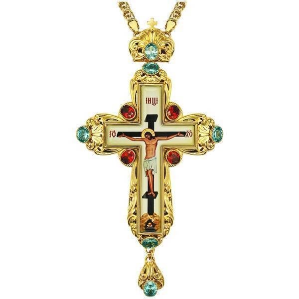 Хрест для священнослужителя латунний із вставками позолочений з принтом та ланцюгом від компанії Іконна лавка - фото 1