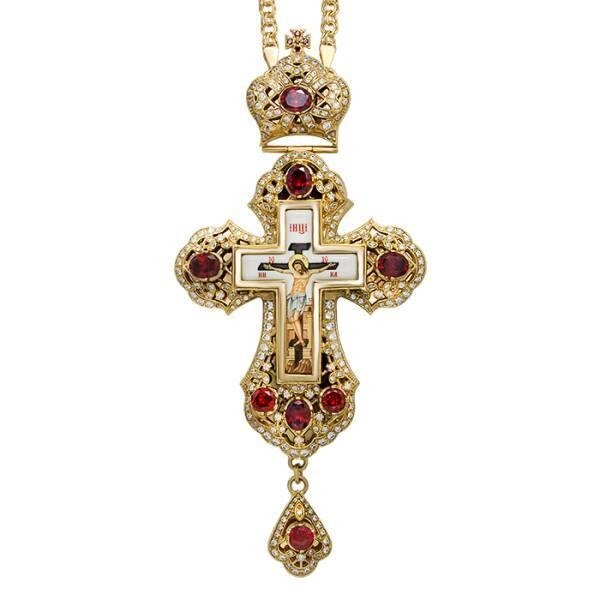 Хрест для священнослужителя латунний позолочений із принтом та ланцюгом від компанії Іконна лавка - фото 1