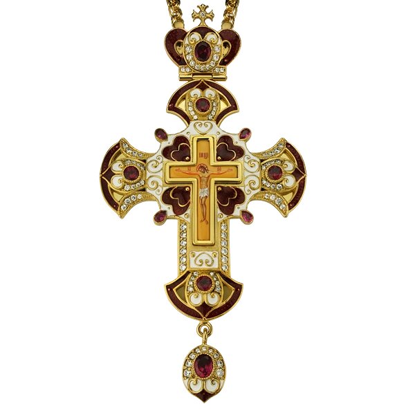 Хрест для священнослужителя латунний позолочений з принтом, емаллю та ланцюгом від компанії Іконна лавка - фото 1
