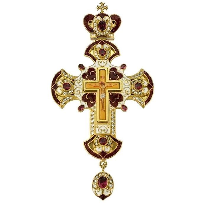 Хрест для священнослужителя латунний позолочений з принтом, емаллю та вставками від компанії Іконна лавка - фото 1