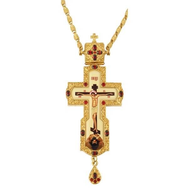 Хрест для священнослужителя латунний позолочений з принтом та ланцюгом від компанії Іконна лавка - фото 1