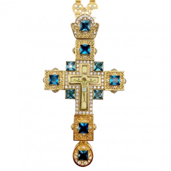 Хрест для священнослужителя латунний позолочений з принтом та вставками, з ланцюгом від компанії Іконна лавка - фото 1