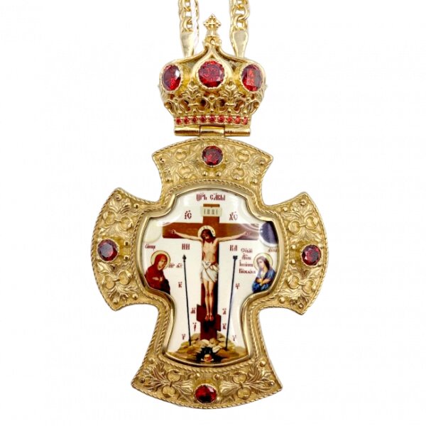 Хрест для священнослужителя латунний позолочений з принтом та вставками, з ланцюгом від компанії Іконна лавка - фото 1