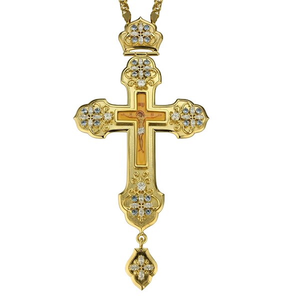 Хрест для священнослужителя латунний позолочений з принтом, вставками та ланцюгом від компанії Іконна лавка - фото 1