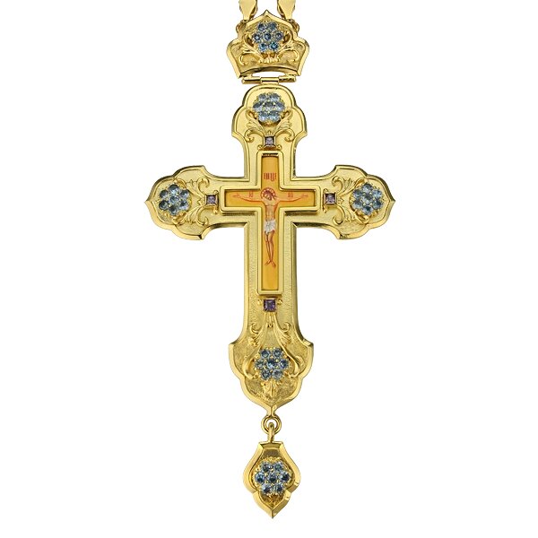 Хрест для священнослужителя латунний позолочений з принтом, вставками та ланцюгом від компанії Іконна лавка - фото 1