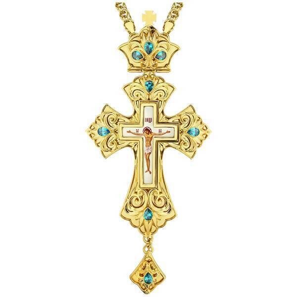 Хрест для священнослужителя латунний позолочений зі вставками та ланцюгом від компанії Іконна лавка - фото 1