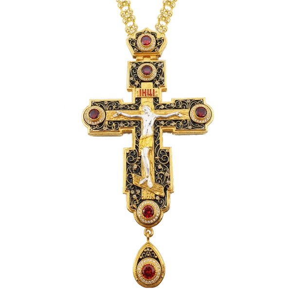 Хрест для священнослужителя латунний позолочений зі вставками та ланцюгом від компанії Іконна лавка - фото 1