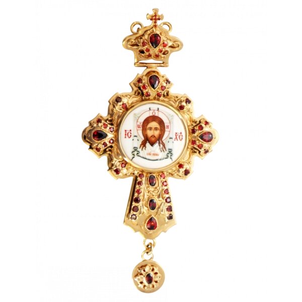 Хрест для священнослужителя латунний позолочений зі вставками та латунним принтом від компанії Іконна лавка - фото 1