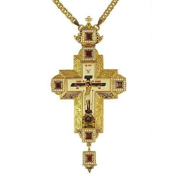 Хрест для священнослужителя латунний в позолоті з ланцюгом 2.7.0201лп і камінням від компанії Іконна лавка - фото 1