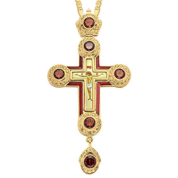 Хрест для священнослужителя латунний з принтом, вставками, емаллю та позолотою з ланцюгом від компанії Іконна лавка - фото 1