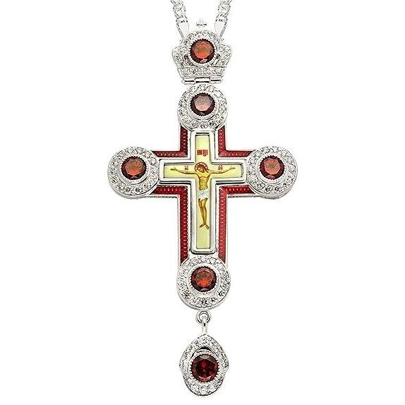 Хрест для священнослужителя латунний з принтом, вставками і ланцюгом від компанії Іконна лавка - фото 1