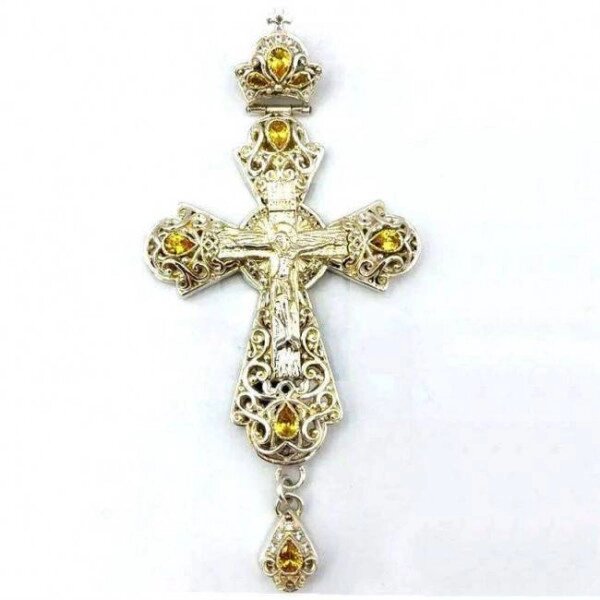 Хрест для священнослужителя латунний зі вставками та розп'яттям від компанії Іконна лавка - фото 1