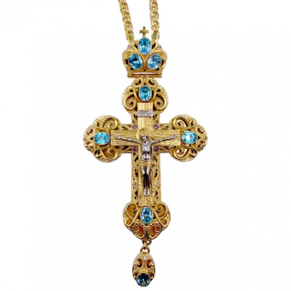 Хрест для священнослужителя позолочений латунний зі вставками та ланцюгом від компанії Іконна лавка - фото 1