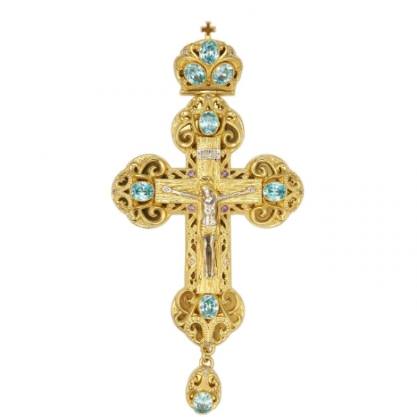 Хрест для священнослужителя позолочений латунний зі вставками та ливарним розп'яттям від компанії Іконна лавка - фото 1