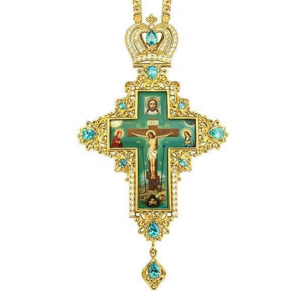 Хрест для священнослужителя срібний з латунним принтом, вставками, позолочений з ланцюгом від компанії Іконна лавка - фото 1