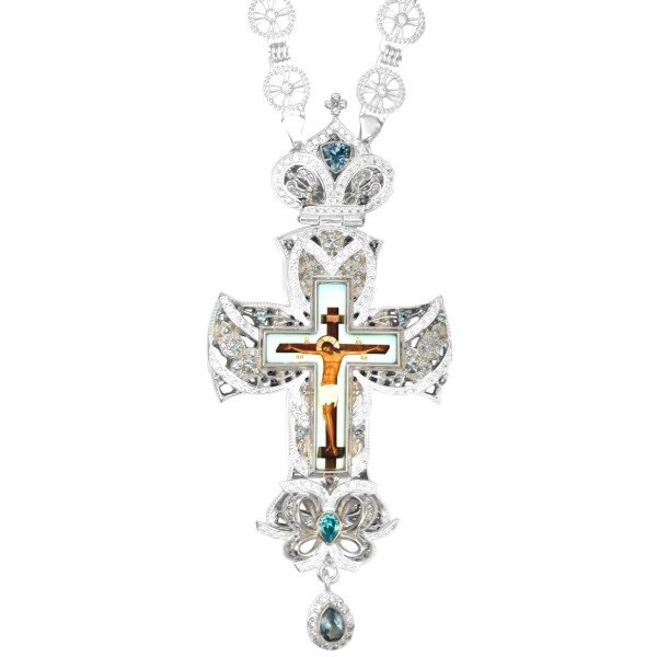 Хрест для священнослужителя срібний зі вставками, латунним принтом та ланцюгом від компанії Іконна лавка - фото 1