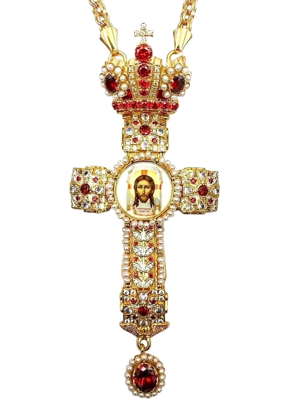 Хрест латунний у позолоті з принтом та з ланцюгом 2.7.0201лп від компанії Іконна лавка - фото 1