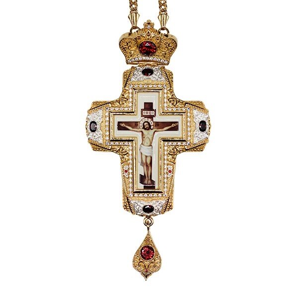 Хрест латунний у позолоті з принтом та з ланцюгом 2.7.0201лп від компанії Іконна лавка - фото 1