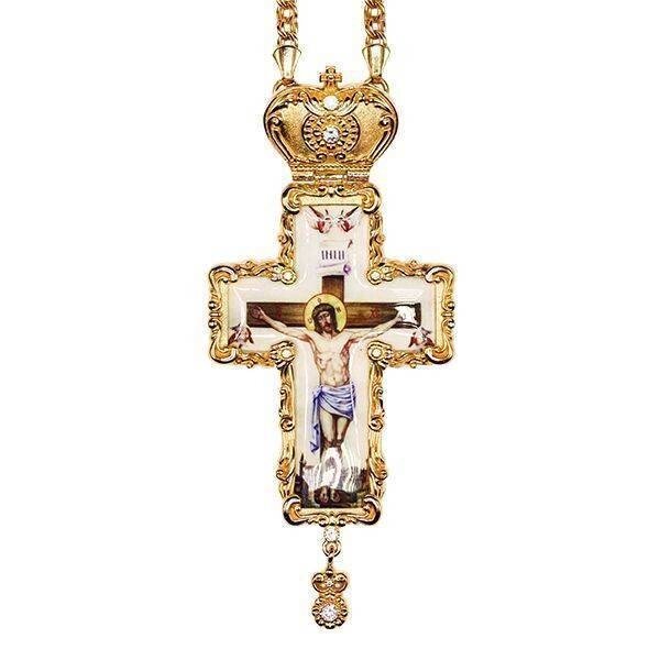 Хрест латунний у позолоті з принтом та з ланцюгом арт. 2.7.0201лп від компанії Іконна лавка - фото 1