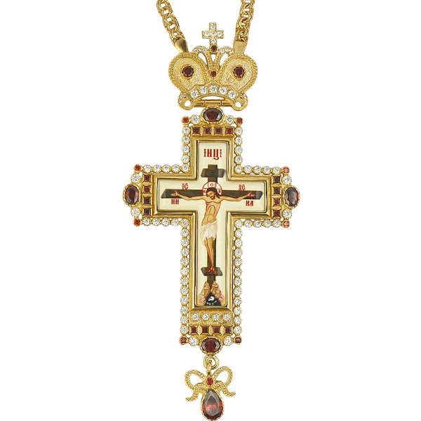 Хрест латунний в позолоті з принтом і з ланцюгом 2.7.0201лп декорований камінням від компанії Іконна лавка - фото 1