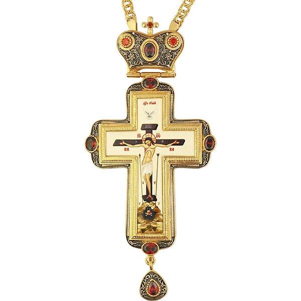 Хрест латунний в позолоті з принтом вставками і ланцюгом 2.7.0201лп від компанії Іконна лавка - фото 1