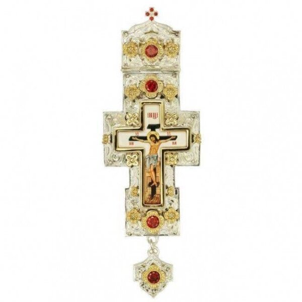 Хрест латунний з фрагментальною позолотою, вставками та принтом від компанії Іконна лавка - фото 1