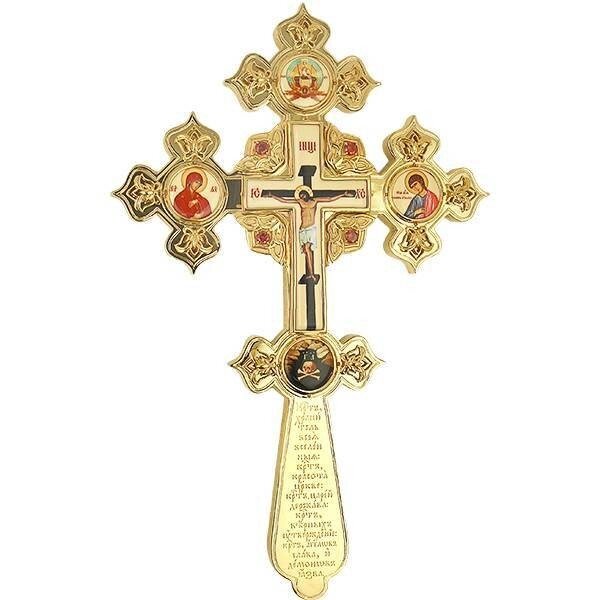 Хрест Напрестольний латунний в позолоті декорований рослинним орнаментом від компанії Іконна лавка - фото 1