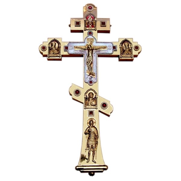 Хрест напрестольний латунний в позолоті з емаллю та вставками від компанії Іконна лавка - фото 1