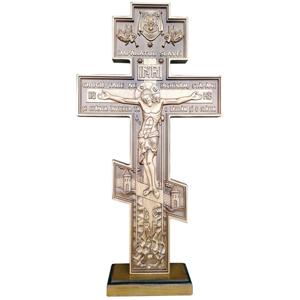 Хрест різьблений квадратний RUM на підставці з бука 520х260х25мм від компанії Іконна лавка - фото 1