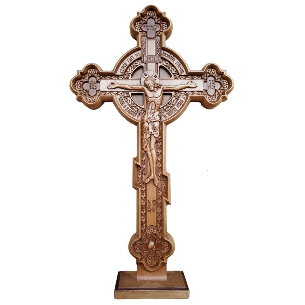 Хрест різьблений з колом RUM на підставці з бука 520х260х25мм від компанії Іконна лавка - фото 1