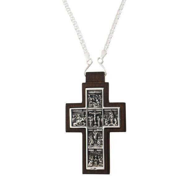 Хрест срібний у дерев'яному обрамленні та ланцюгом від компанії Іконна лавка - фото 1