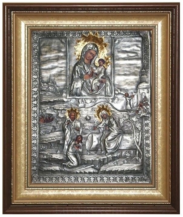 Ікона "Богоматір Тихвінська із зображенням явища Пресвятої Богородиці паламарю Георгію" зі срібла від компанії Іконна лавка - фото 1