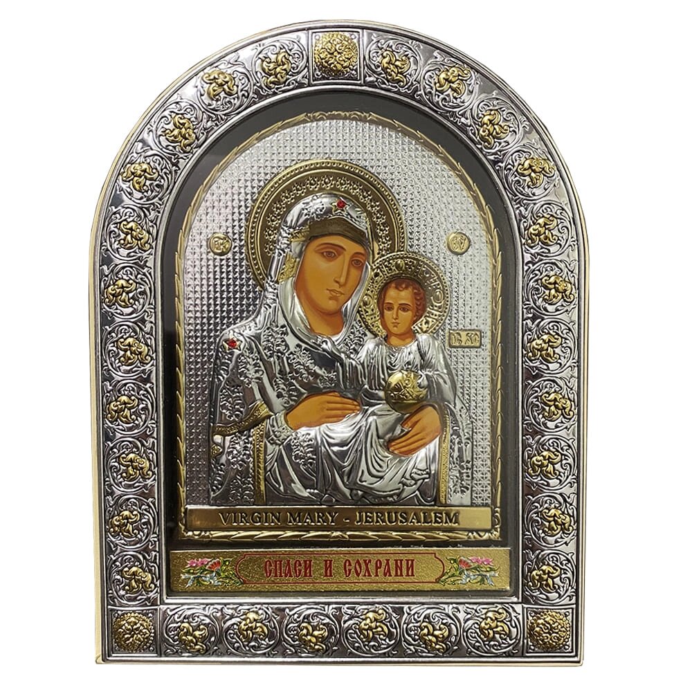 Ікона "Богородиця Єрусалимська" грецька на шкіряній основі бежева 16х21 від компанії Іконна лавка - фото 1