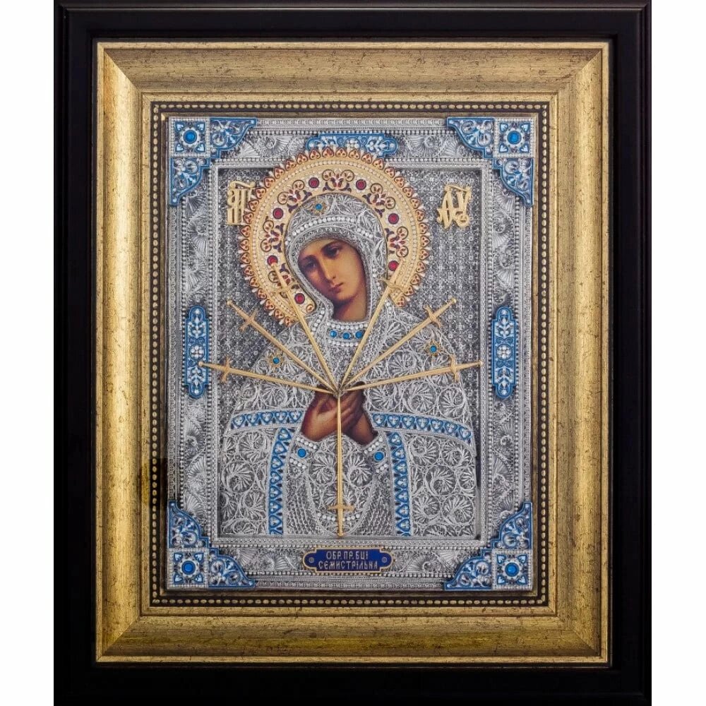 Ікона "Богородиця Семистрільна" зі срібла у позолоті від компанії Іконна лавка - фото 1