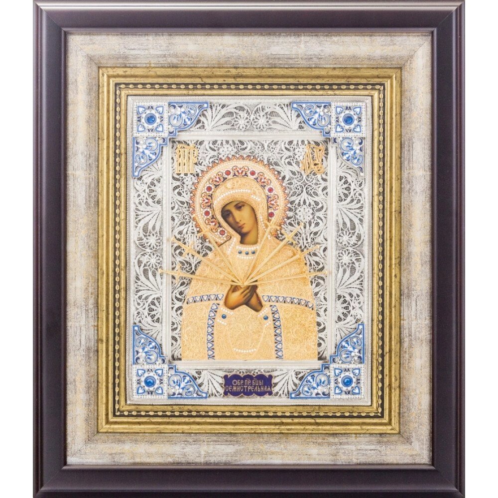 Ікона "Богородиця Семистрільна" зі срібла з позолотою від компанії Іконна лавка - фото 1