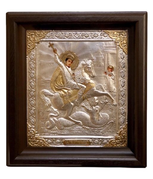 Ікона "Георгій Побідоносець" в мідному окладі 38х34см від компанії Іконна лавка - фото 1