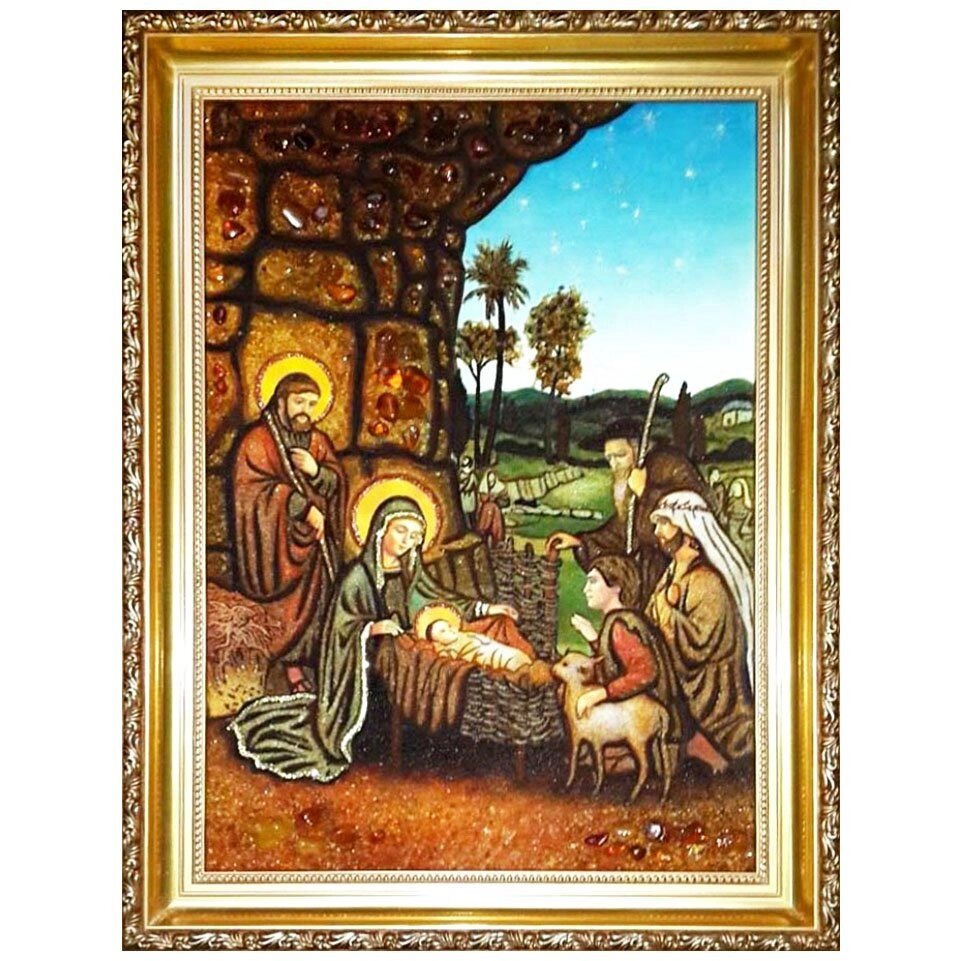 Икона из янтаря "Рождество Иисуса Христа" 15x20 см від компанії Іконна лавка - фото 1