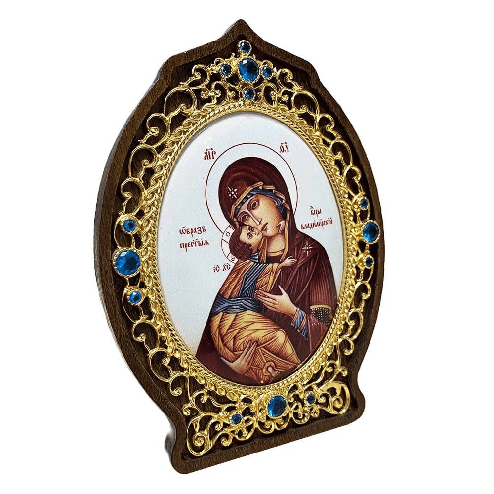 Ікона латунна "Богородиця Володимирська" в позолоті на дереві від компанії Іконна лавка - фото 1