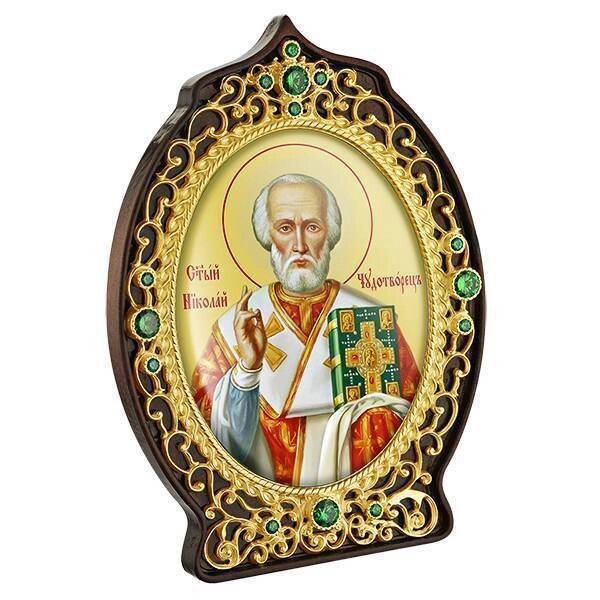 Ікона латунна на дереві "Святий Миколай Чудотворець" в позолоті від компанії Іконна лавка - фото 1