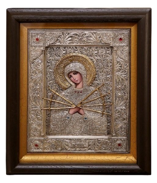 Ікона "Матір Божа Семистрільна" в мідному окладі 36х30см від компанії Іконна лавка - фото 1