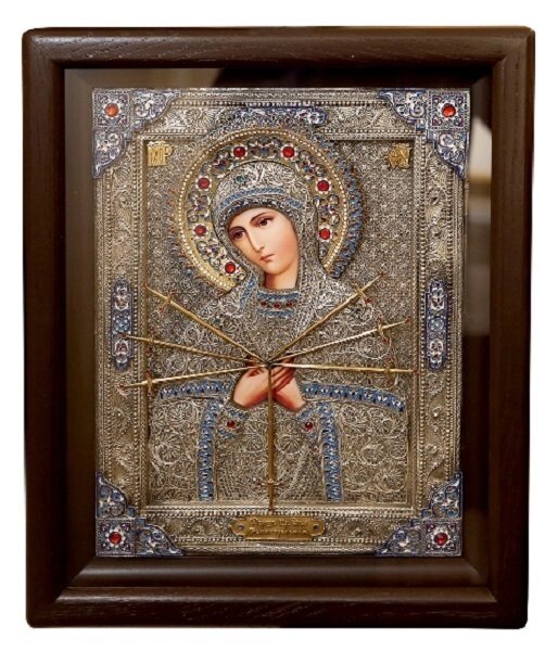 Ікона "Матір Божа Семистрільна" в мідному окладі 44х36см від компанії Іконна лавка - фото 1