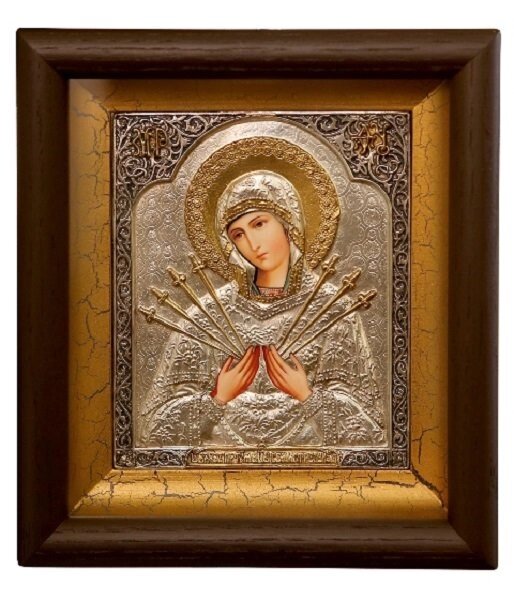 Ікона "Матір Божа Семистрільна" в мідному окладі під склом від компанії Іконна лавка - фото 1
