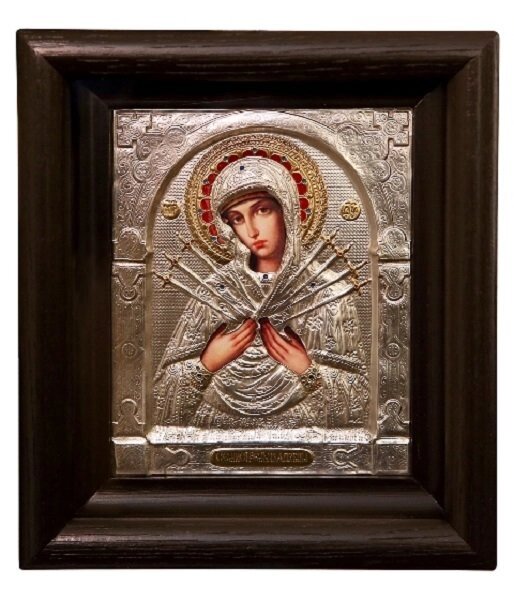 Ікона "Матір Божа Семистрільна" в мідному окладі з емальною прикрасою від компанії Іконна лавка - фото 1