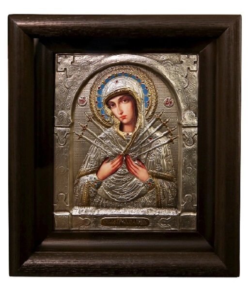 Ікона "Матір Божа Семистрільна" в мідному окладі з емалями 23х20см від компанії Іконна лавка - фото 1