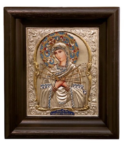 Ікона "Матір Божа Семистрільна" в мідному окладі з емалями від компанії Іконна лавка - фото 1
