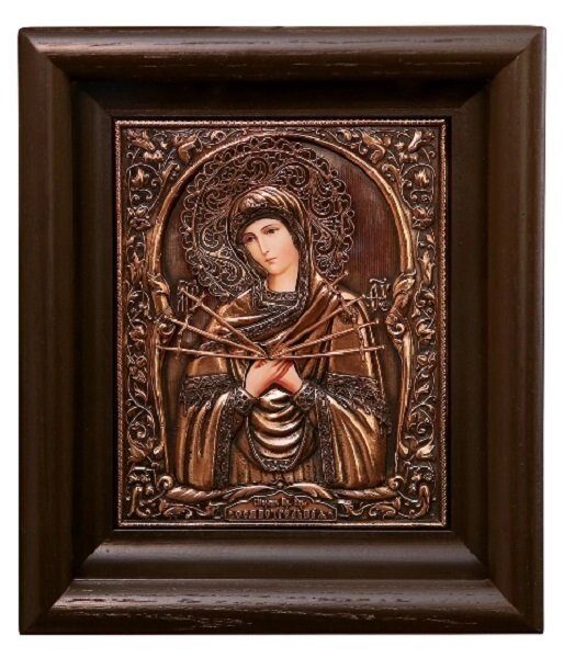 Ікона "Матір Божа Семистрільна" в мідному окладі з покриттям 24х21см від компанії Іконна лавка - фото 1
