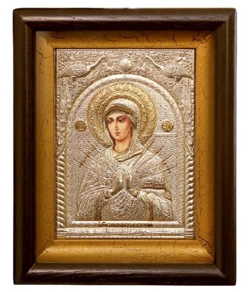 Ікона "Матір Божа Семистрільна" в мідному окладі з позолотою 24х21см від компанії Іконна лавка - фото 1