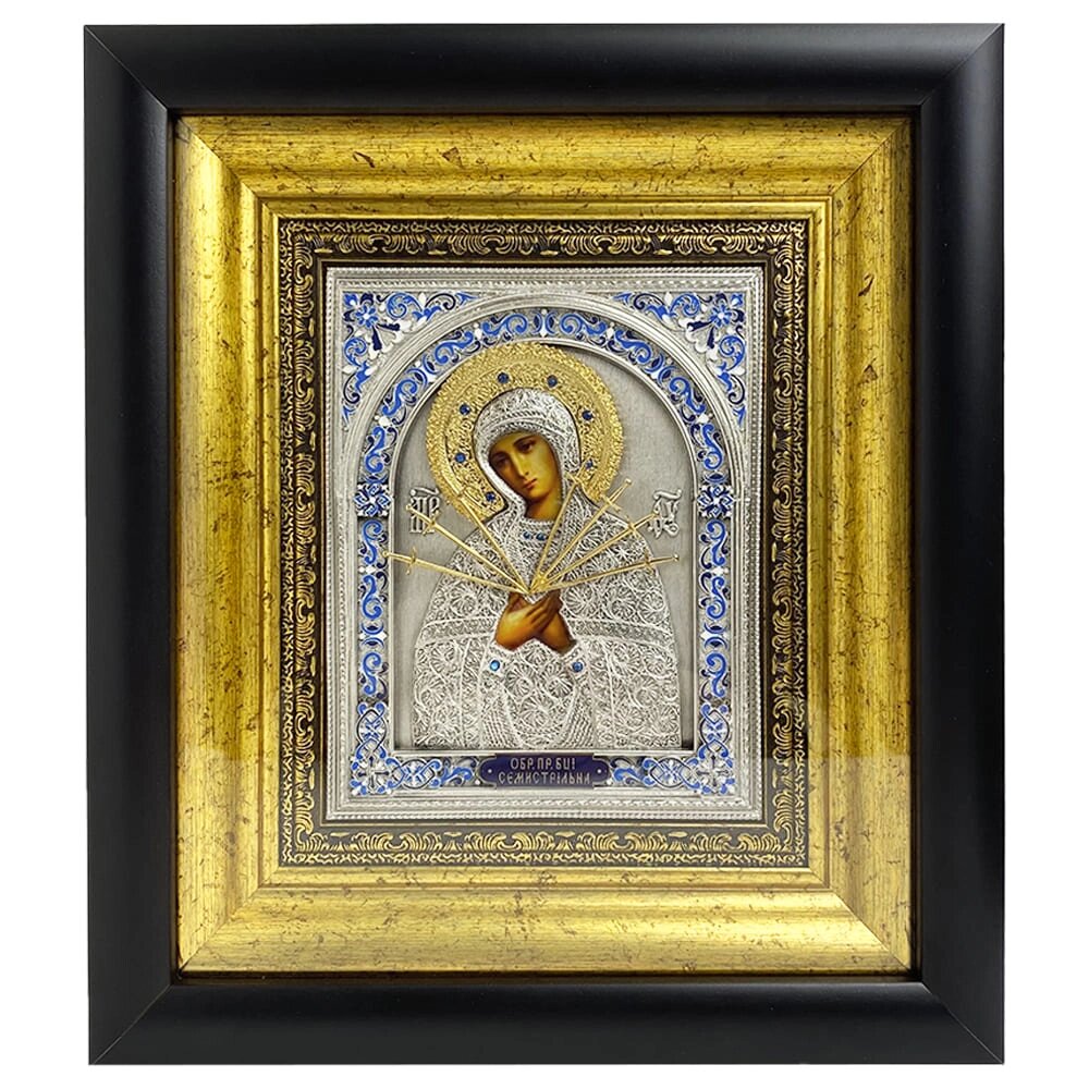 Ікона "Образ Богородиці Семистрільної" зі срібла з позолотою від компанії Іконна лавка - фото 1