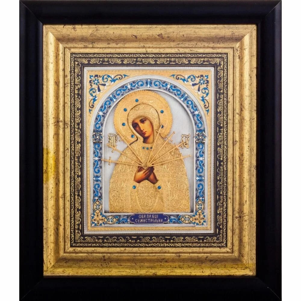 Ікона "Образ Богородиця Семистрільна" зі срібла з позолотою від компанії Іконна лавка - фото 1
