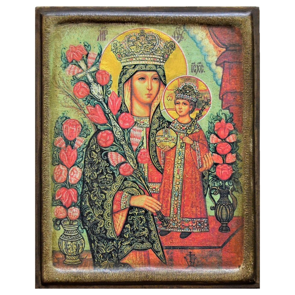 Ікона "Образ Пресвятої Богородиці Нев'янучий Цвіт" на дереві 15х18 см від компанії Іконна лавка - фото 1